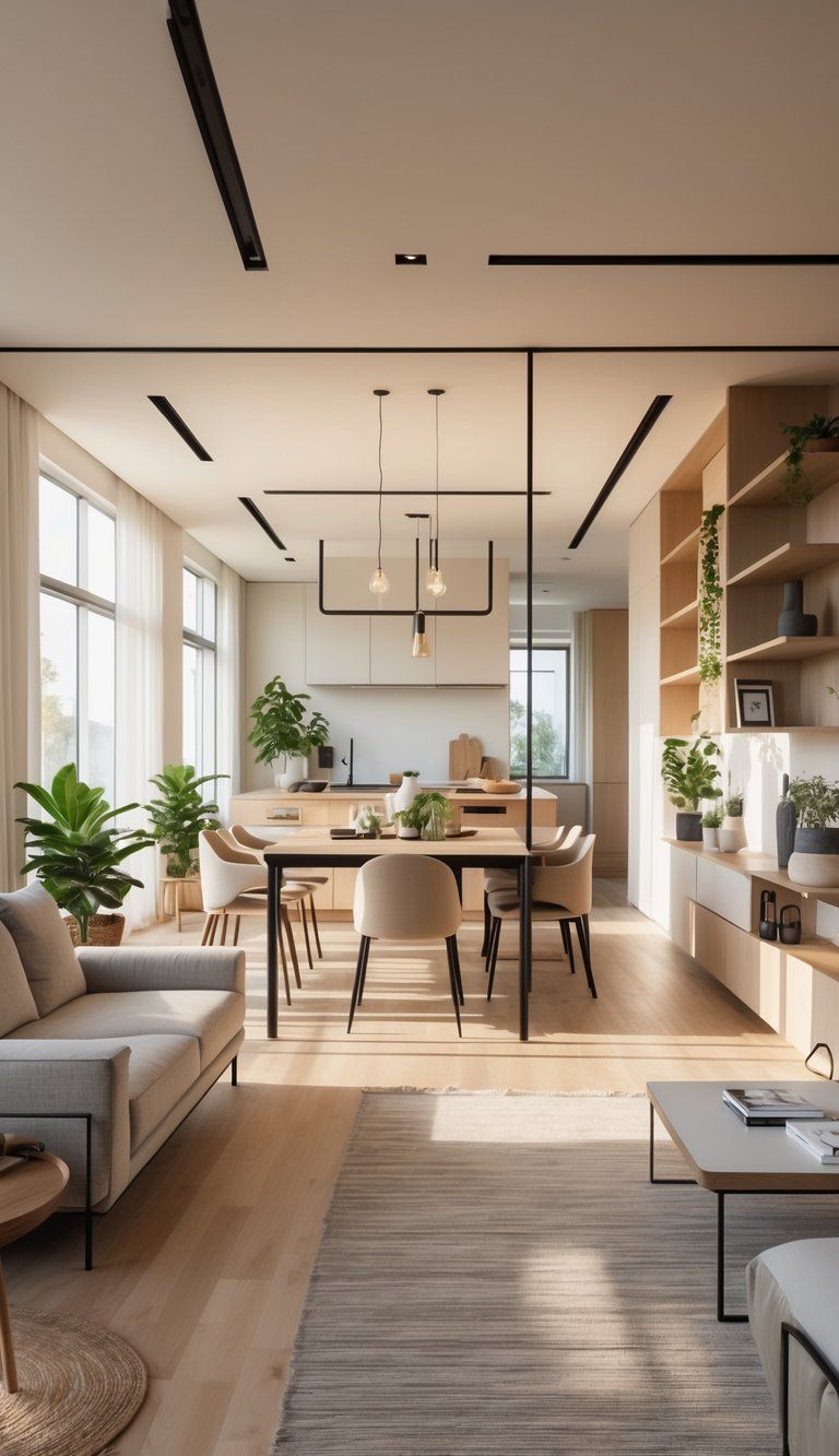 An open-concept home interior showing a living room connected to a dining area and kitchen with coordinated furniture and decor.