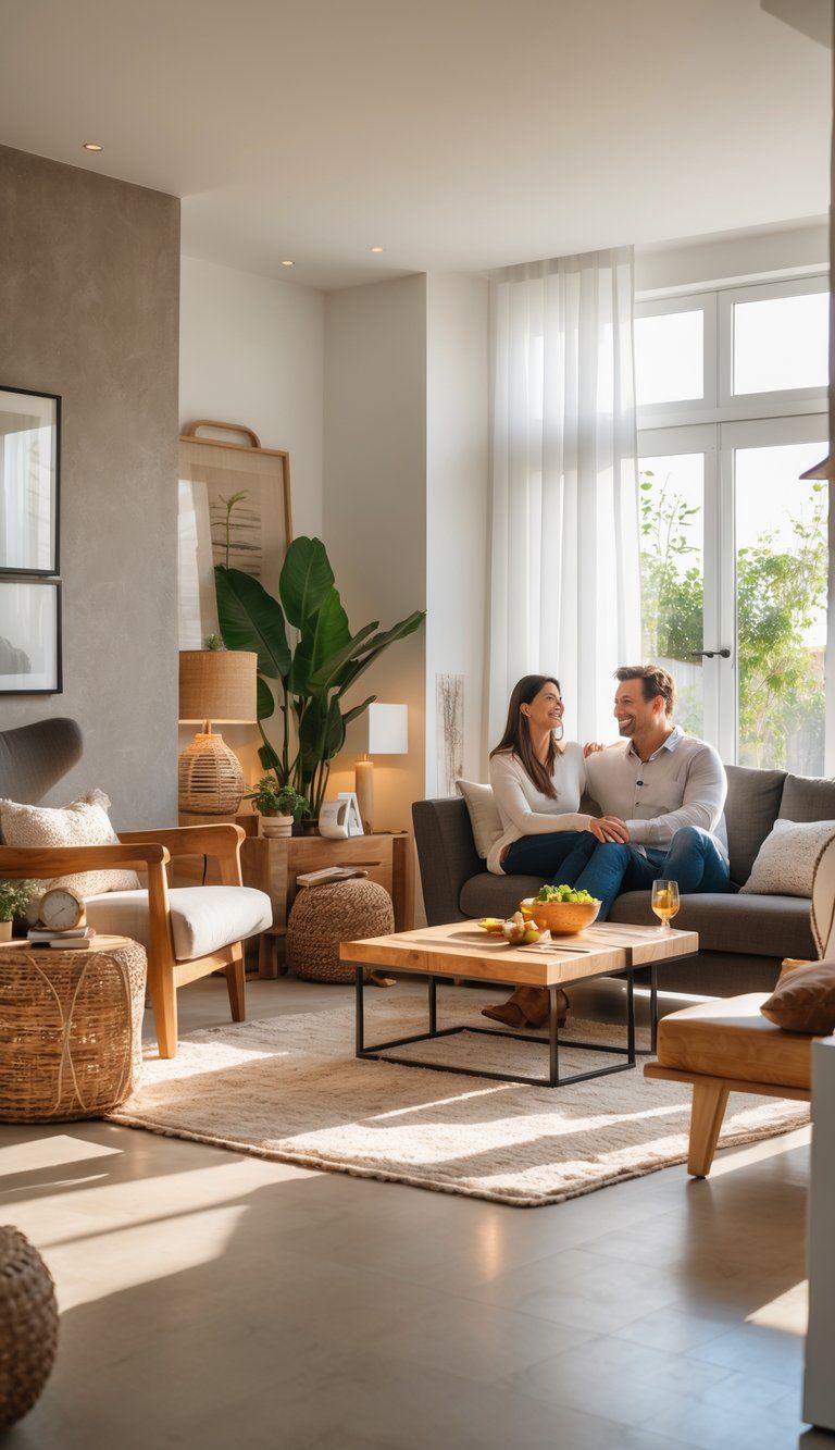 A couple sitting together in a living room that combines rustic and modern furniture styles, smiling and enjoying their shared space.