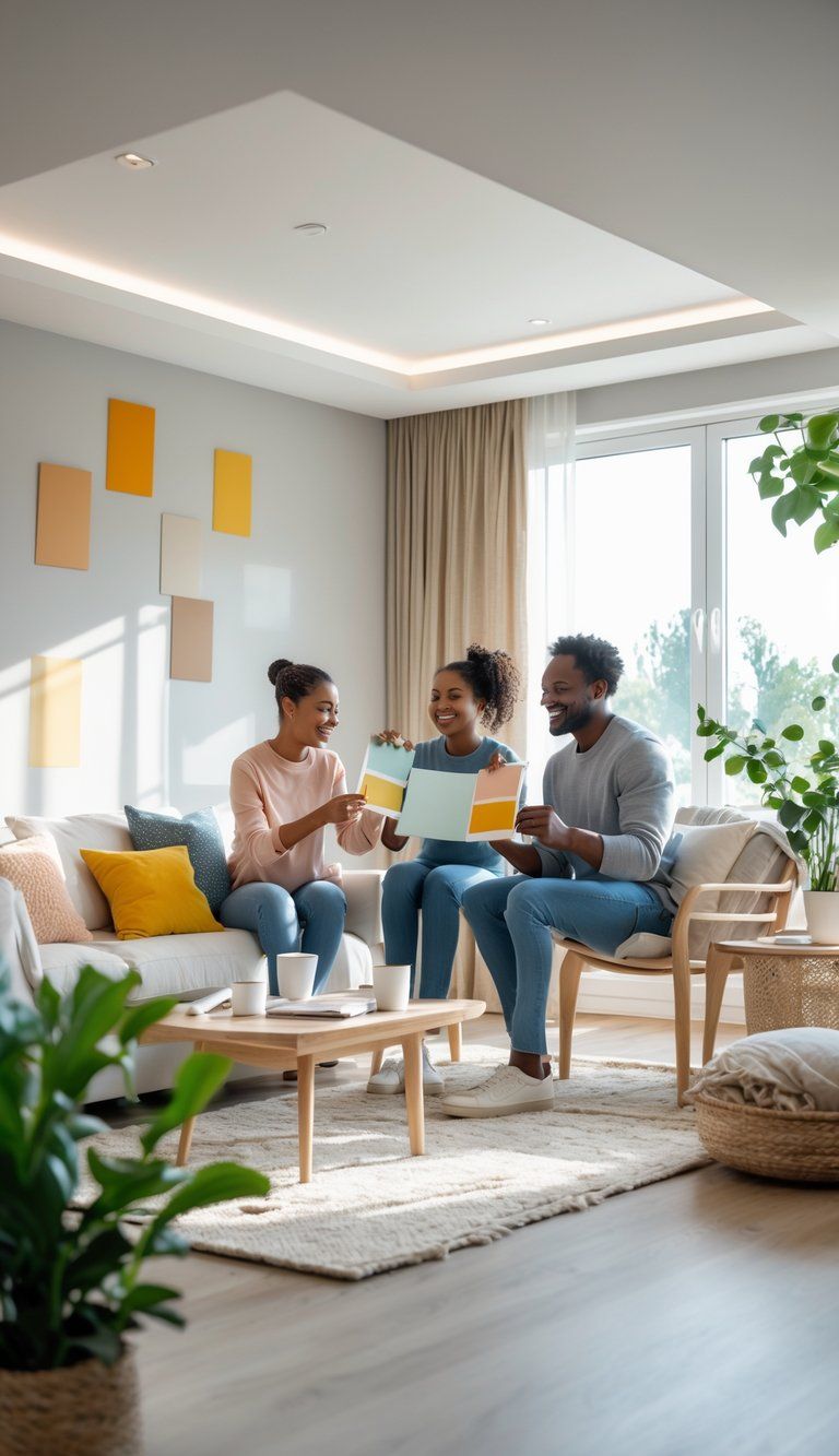 A family of three choosing paint colors in a living room with paint swatches and sample patches on the walls.