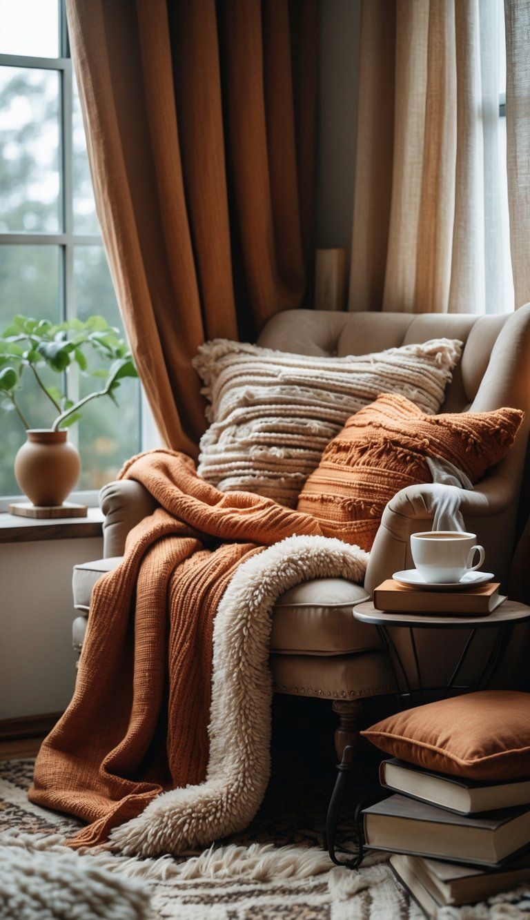 A cozy reading nook with a cushioned chair, soft blankets, throw pillows, a small side table with a cup and books, and natural light coming through a window.