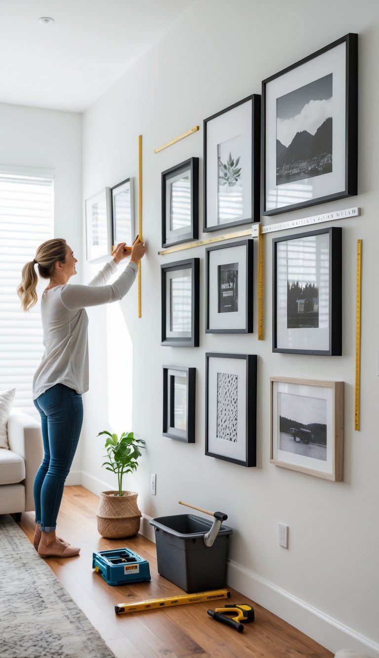 Person arranging framed artworks on a white wall using tools in a bright living room.