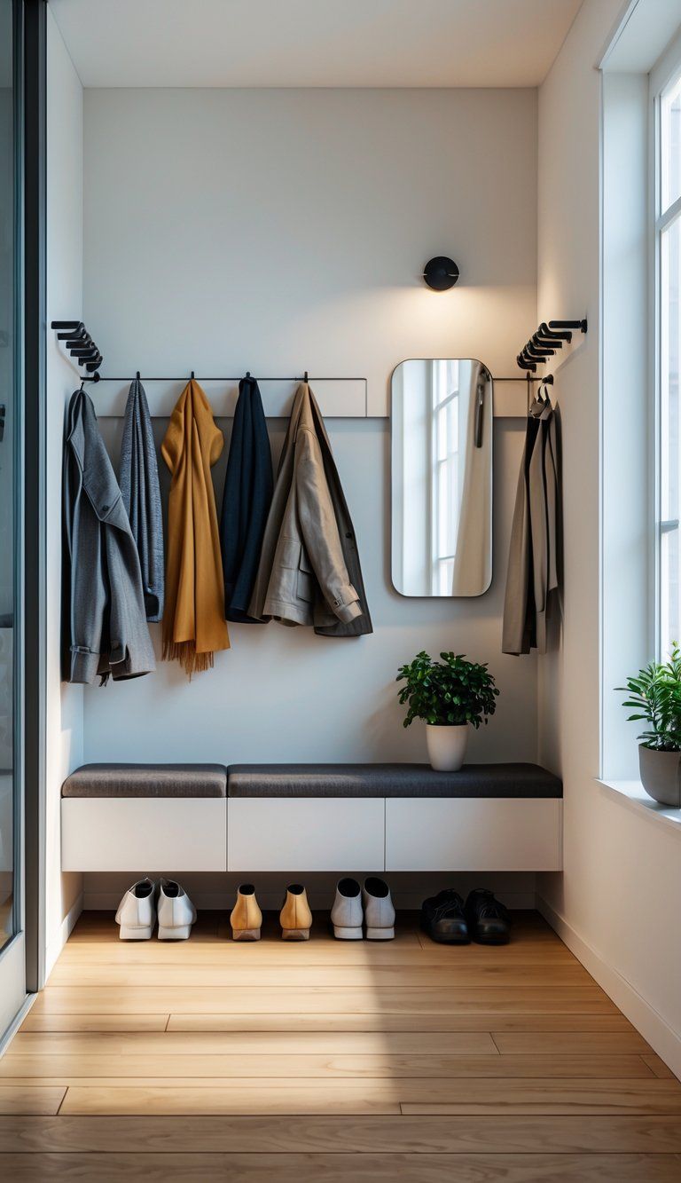 A compact entryway with a bench, coat rack, shoe rack, a small plant, and a mirror, arranged neatly to maximize space.