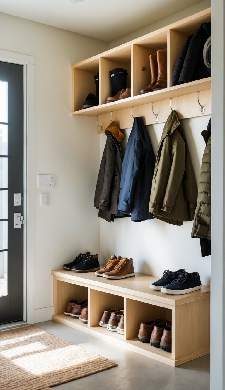 A small mudroom with organized shoe shelves, coat hooks, and a bench, showing a neat and functional storage area for outerwear and footwear.