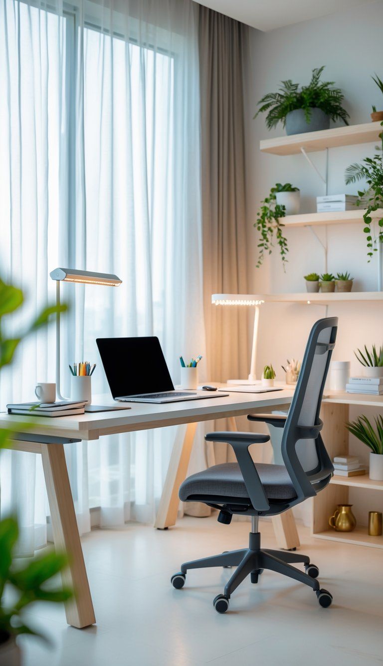 A well-lit home office with a desk, laptop, chair, plants, and shelves creating a productive workspace.