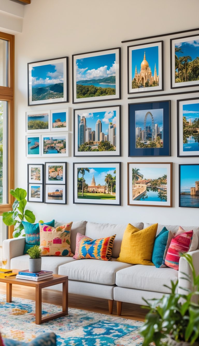 Living room with a gallery wall of framed travel photographs above a sofa and coffee table.