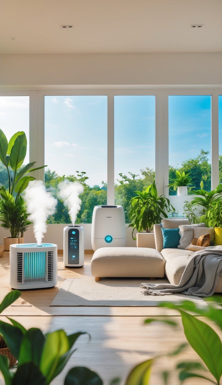 A modern living room with an air purifier, humidifier, green plants, and comfortable seating near large windows showing clear skies and greenery outside.