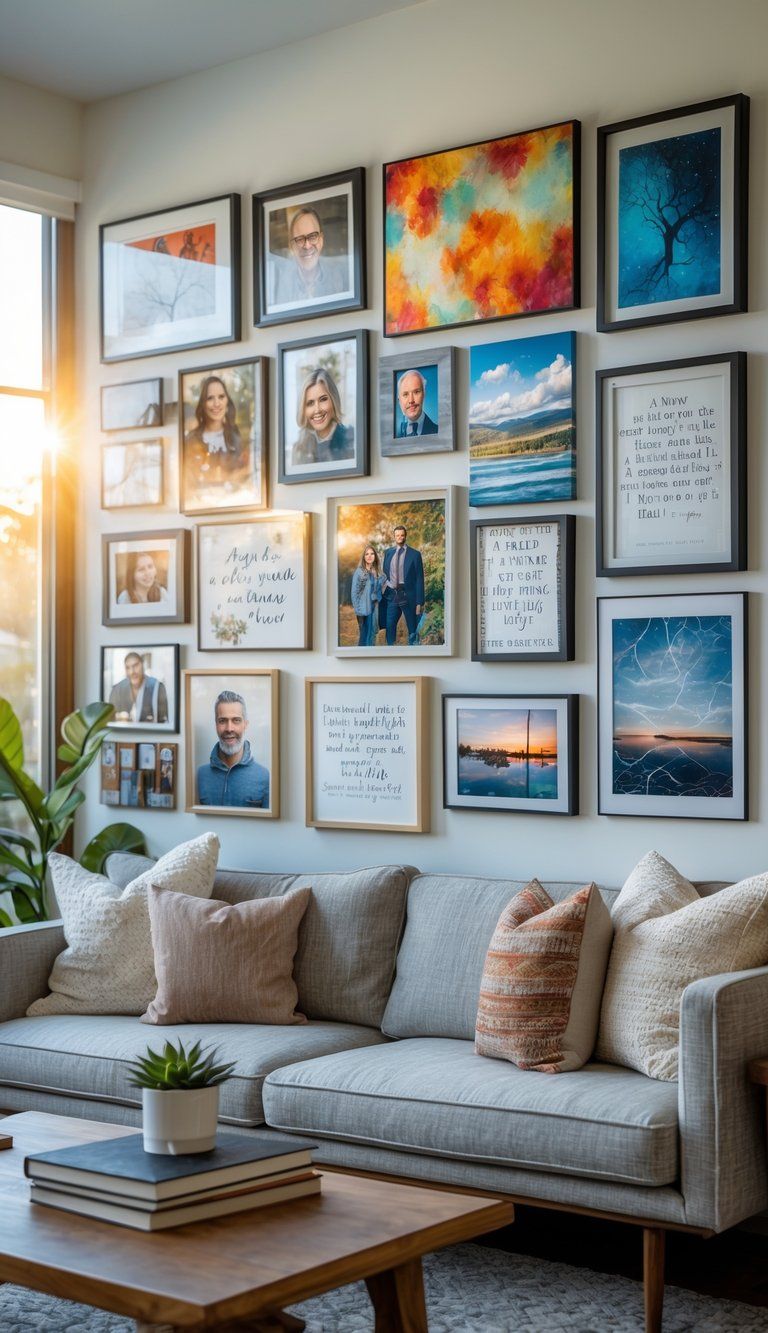 Living room with a gallery wall of framed photos and art above a sofa, illuminated by natural light.