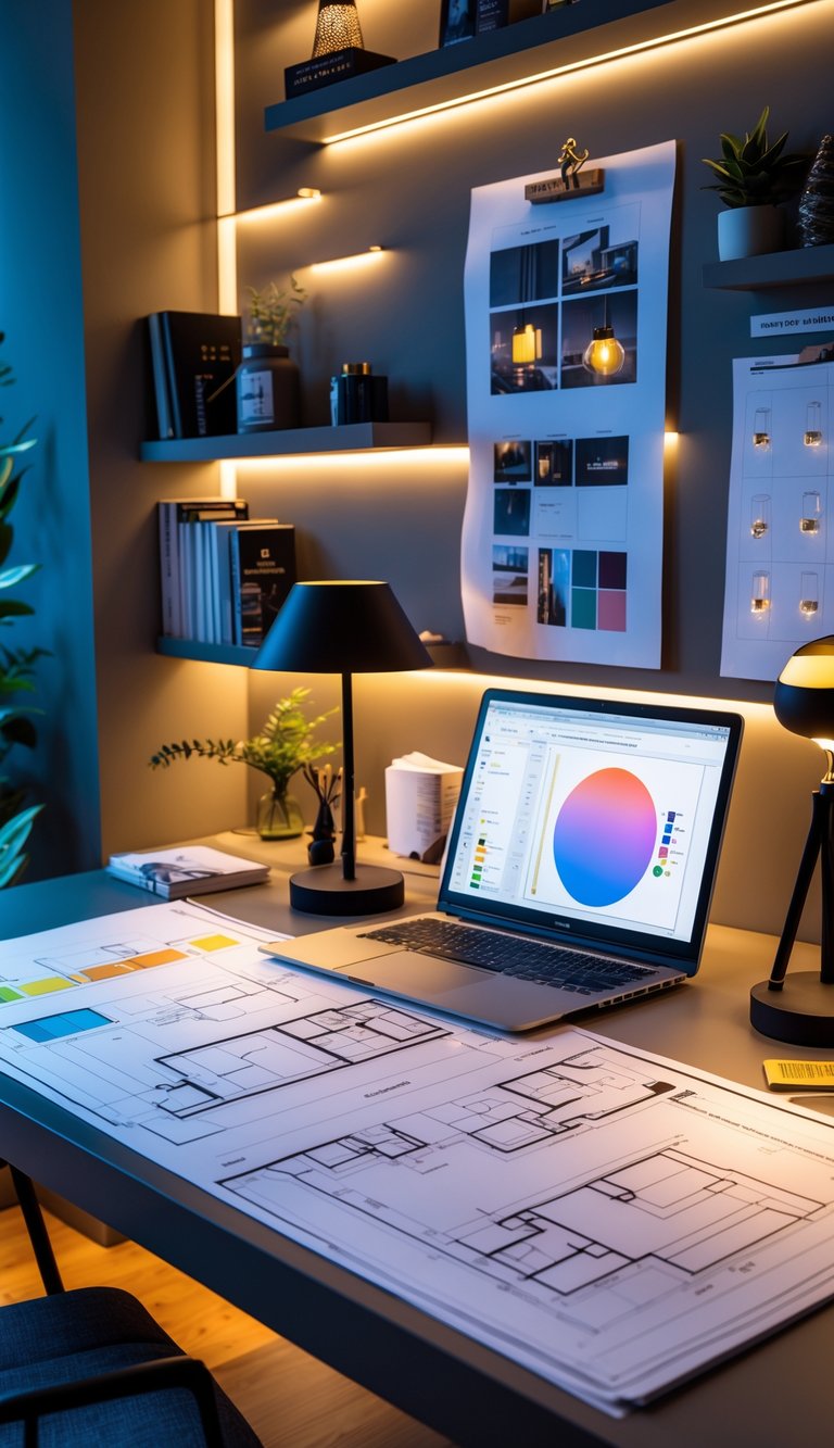 An interior designer's desk with blueprints, lighting sketches, and various lighting fixtures arranged to plan layered lighting.