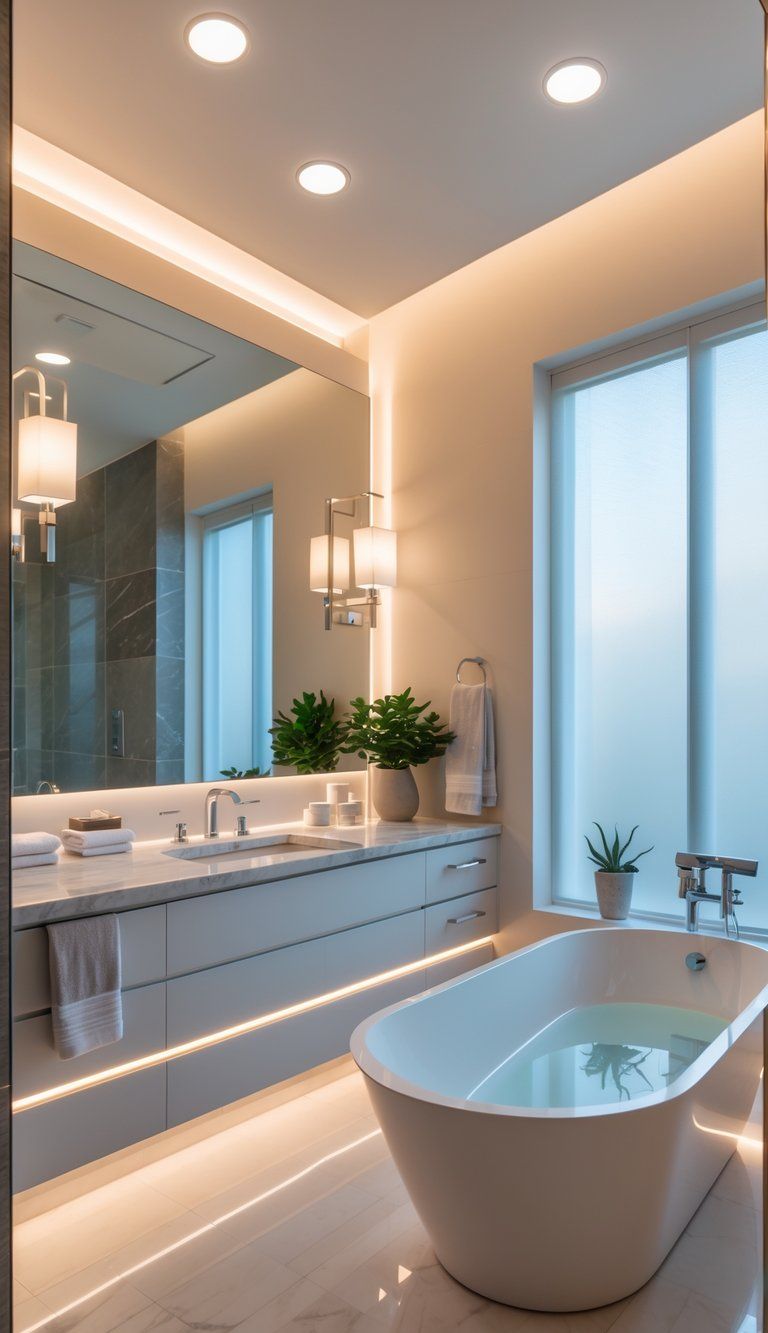 A bright bathroom with a freestanding bathtub, a large mirror above a vanity, wall sconces, and natural light coming through a window.