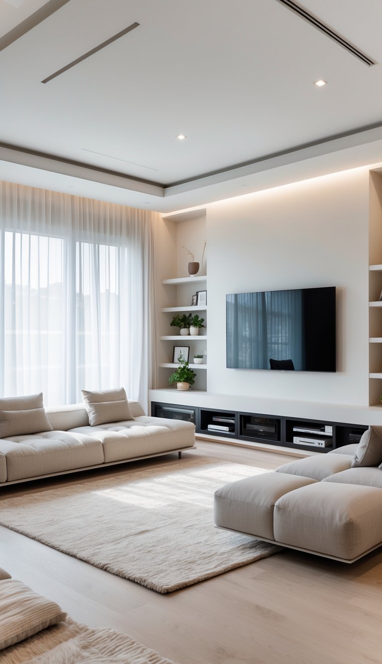 A modern media room with a comfortable sectional sofa facing a wall-mounted TV, light hardwood floors, large windows, and built-in shelving with plants.