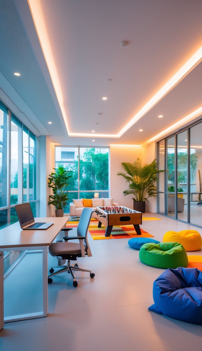 A spacious room combining a work desk, a foosball table, bean bags, and a cozy sofa near large windows.