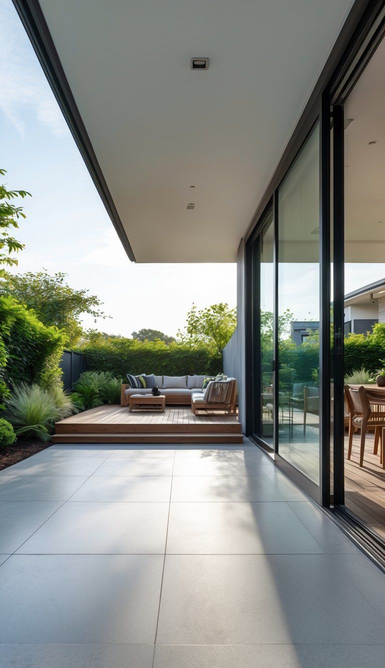 A modern living room with polished flooring extending to an outdoor patio through open glass doors, surrounded by greenery.