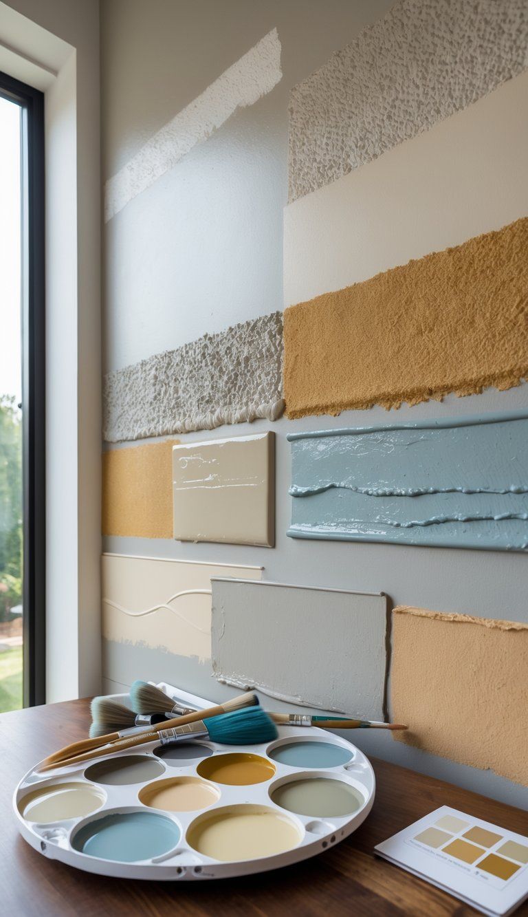 A close-up view of a wall with various textured paint finishes and painting tools on a table nearby.