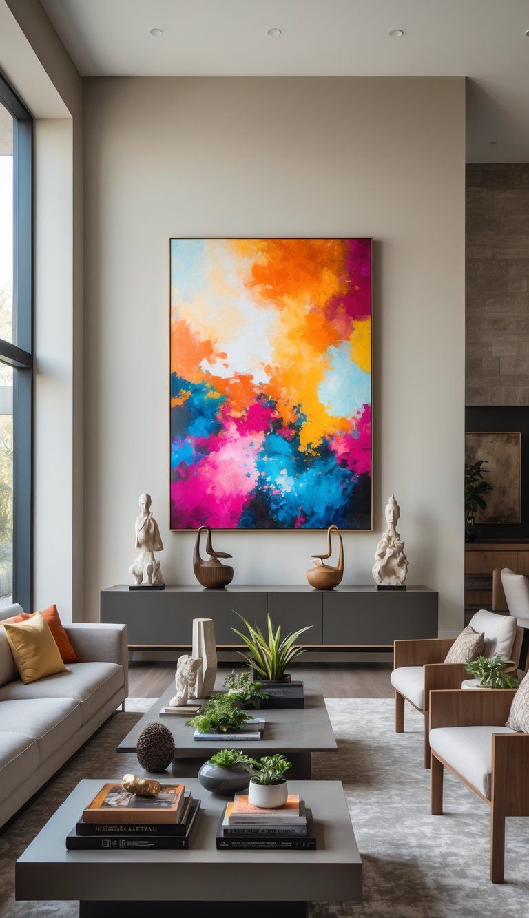 A living room with a large colorful painting, a console table with sculptures and vases, and a seating area with a sofa and chairs.