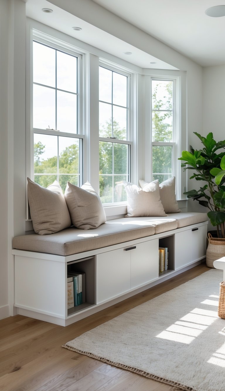 A window seat with built-in storage compartments beneath, cushions on top, and sunlight coming through a large window in a tidy living room.
