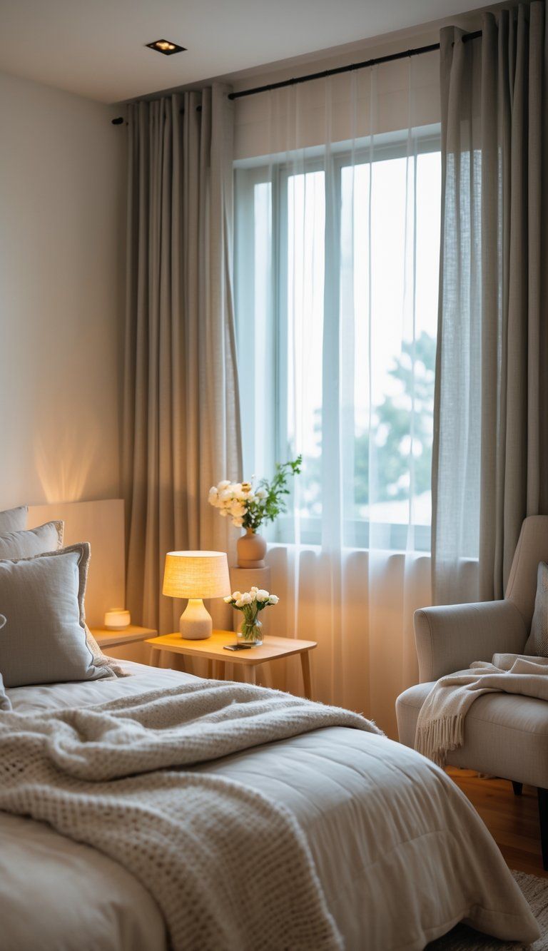 A cozy guest room with a neatly made bed, bedside table with lamp and flowers, and an armchair near a window.