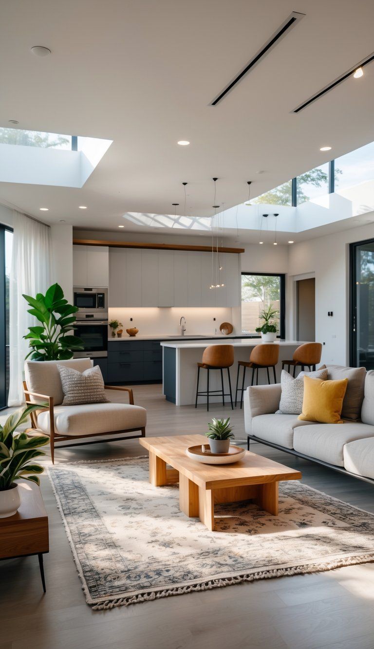 An open concept living area with distinct furniture zones including a sofa and coffee table, a dining table with chairs, and a kitchen island with stools, all arranged to create separate functional spaces.