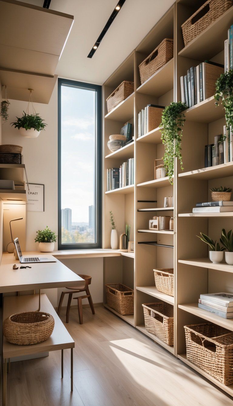 A small room with tall shelves, a wall-mounted desk, and hanging storage solutions that make efficient use of vertical space.
