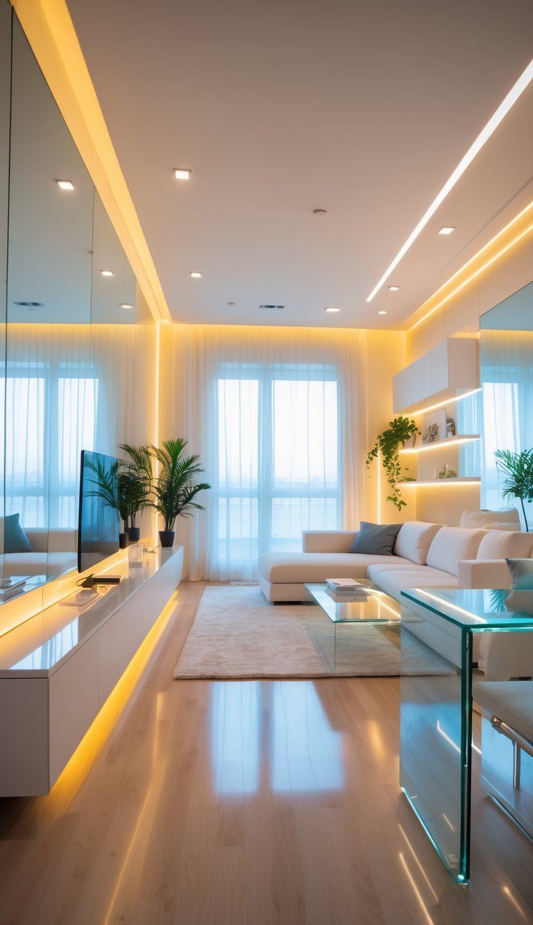 A modern living room with large mirrors, glossy white furniture, and soft lighting creating a bright and inviting interior.