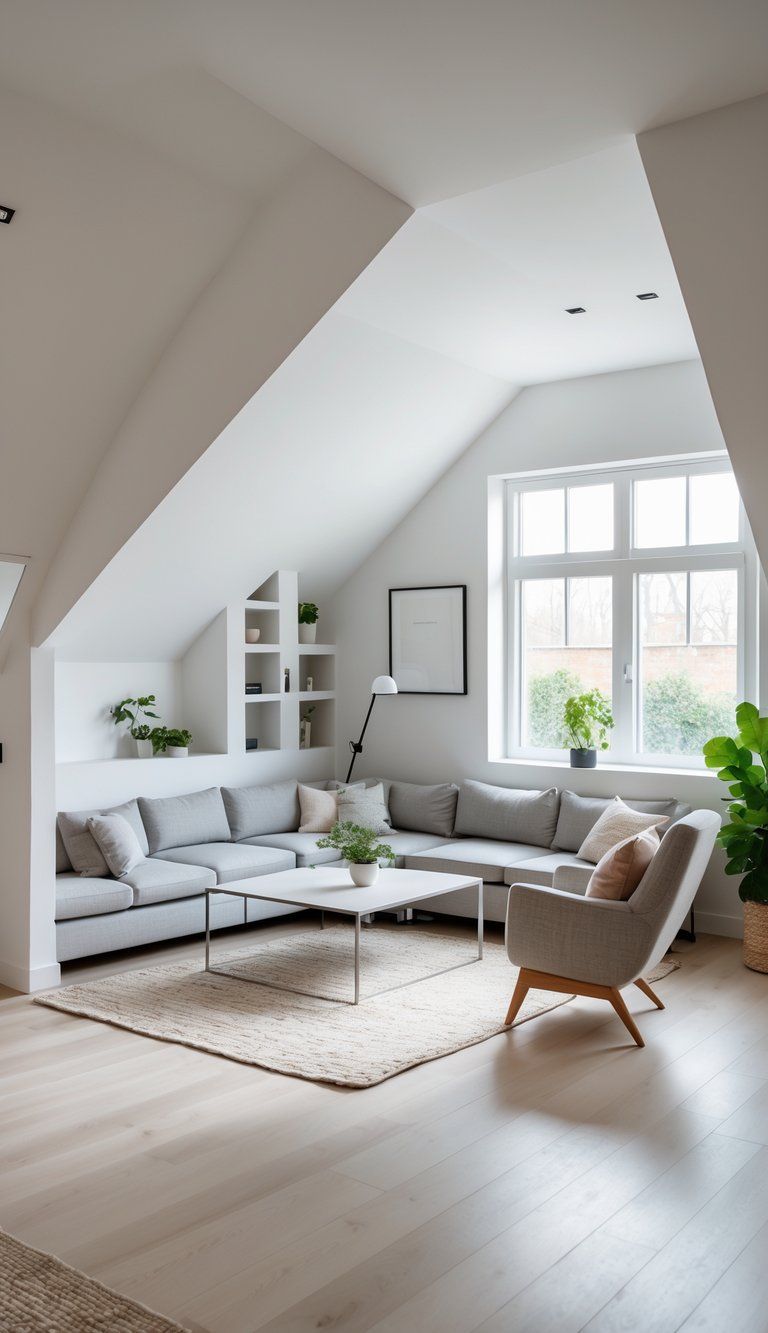 A living room with angled walls arranged with a sectional sofa, armchair, coffee table, built-in shelves, and plants to fit the unusual room shape.