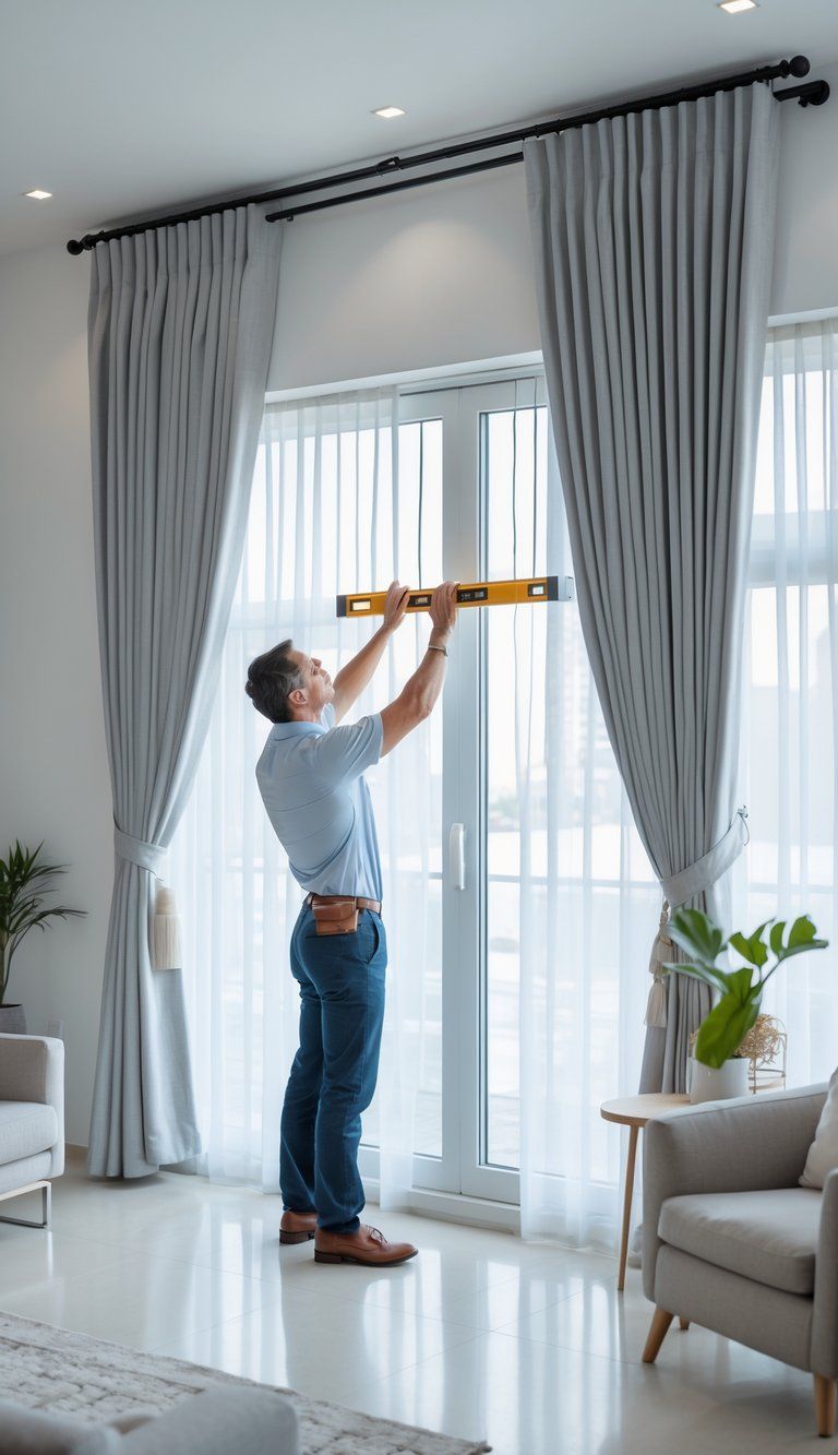A person adjusting curtains on a large window in a bright living room.