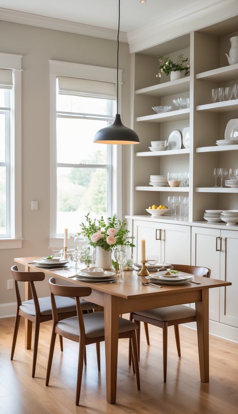 A dining room with a wooden table, chairs, built-in shelves displaying dishes and decor, and large windows letting in natural light.