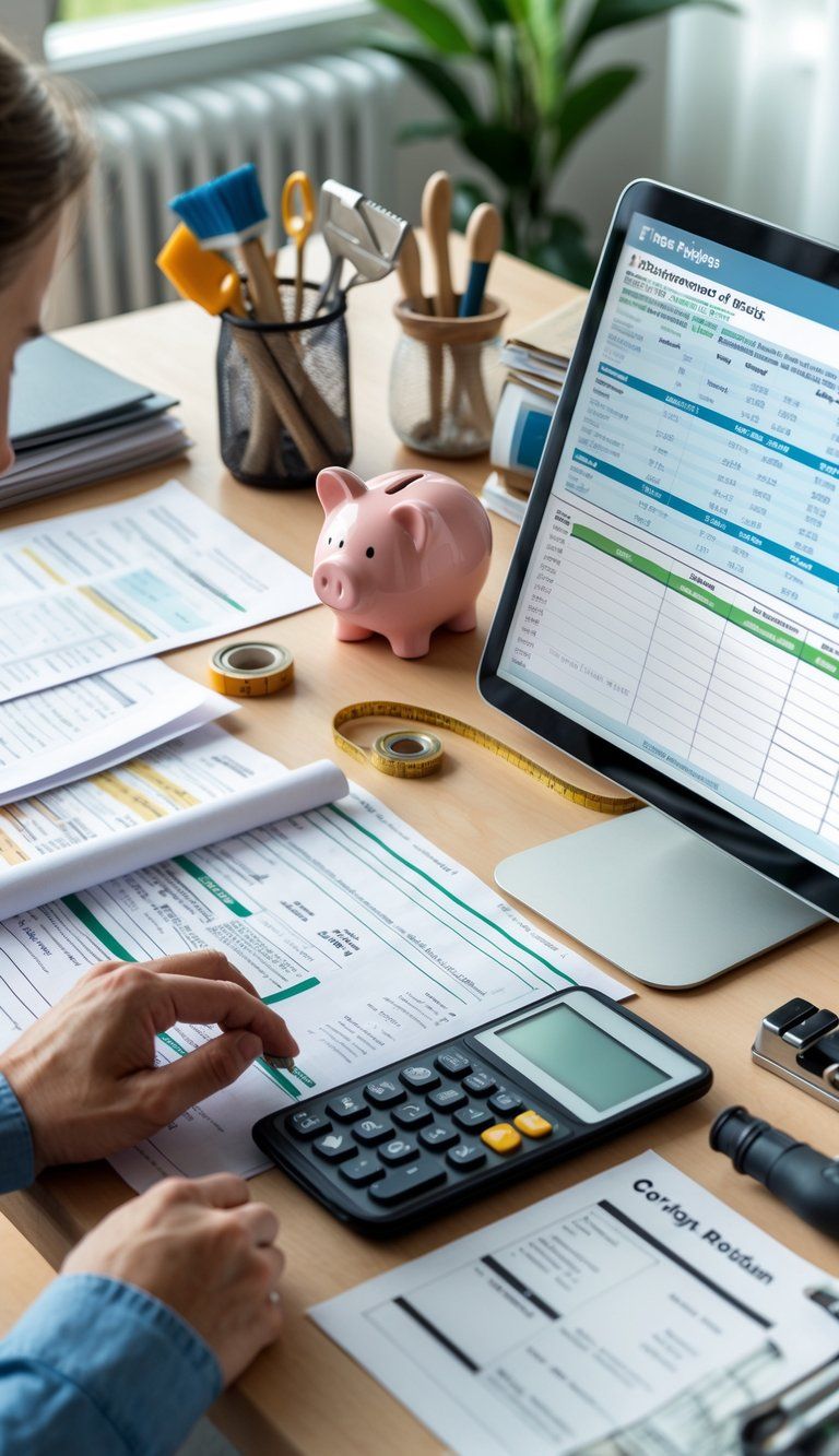 Person reviewing financial documents at a desk with budgeting tools, DIY materials, and professional contractor items nearby.