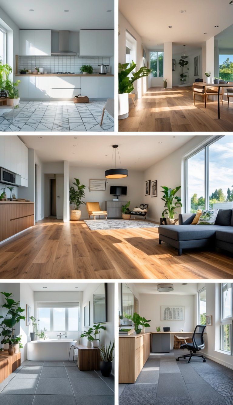 Interior view of multiple connected rooms, each with different types of flooring including tile, hardwood, vinyl, and carpet, showcasing flooring options for various home environments.