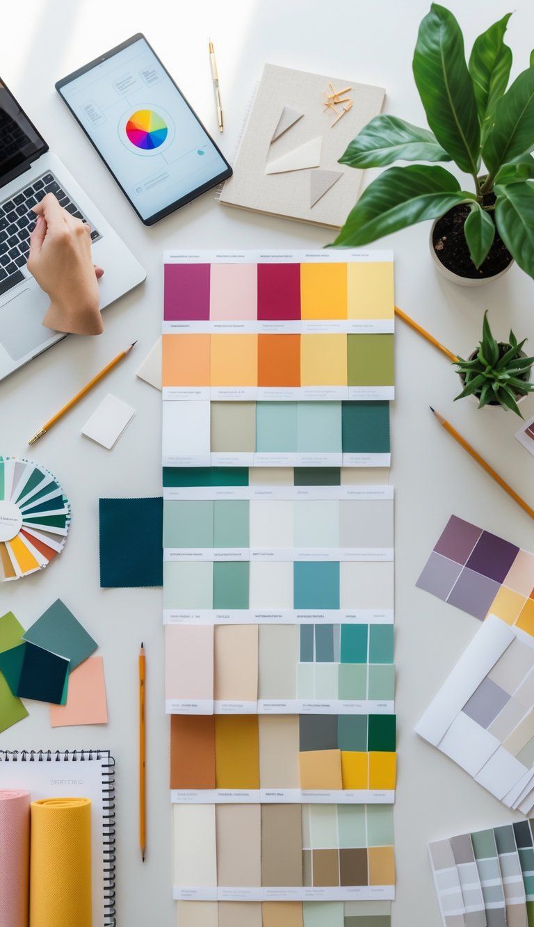 A workspace with various color swatches, fabric samples, design tools, and a laptop arranged neatly on a wooden table.