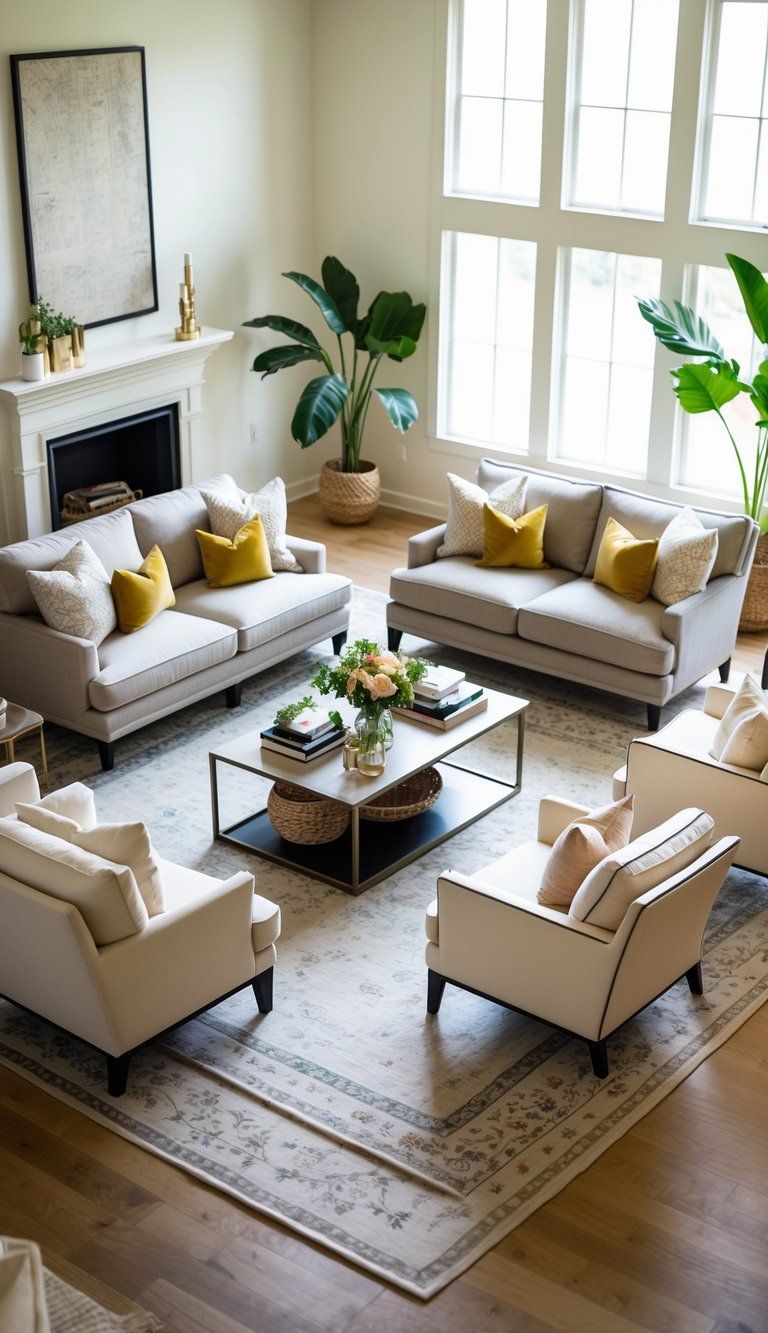 A living room with sofas and chairs arranged in a circle around a coffee table, decorated with plants and accessories to encourage conversation.