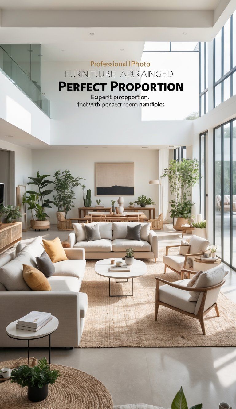 A well-lit living room with a sofa, armchairs, coffee table, and decor arranged in balanced proportions.