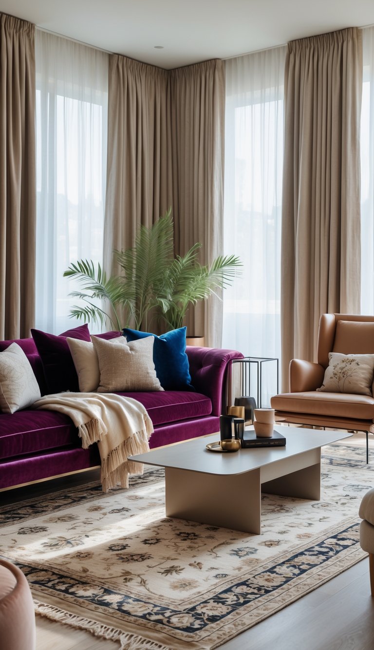 A modern living room with a velvet sofa, textured throw pillows, a cashmere blanket, a patterned area rug, linen curtains, and a leather armchair, all bathed in natural light.