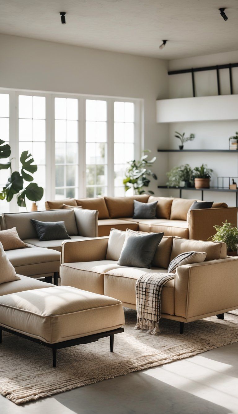 A bright living room with several sofas arranged around a rug, illuminated by natural light from large windows.