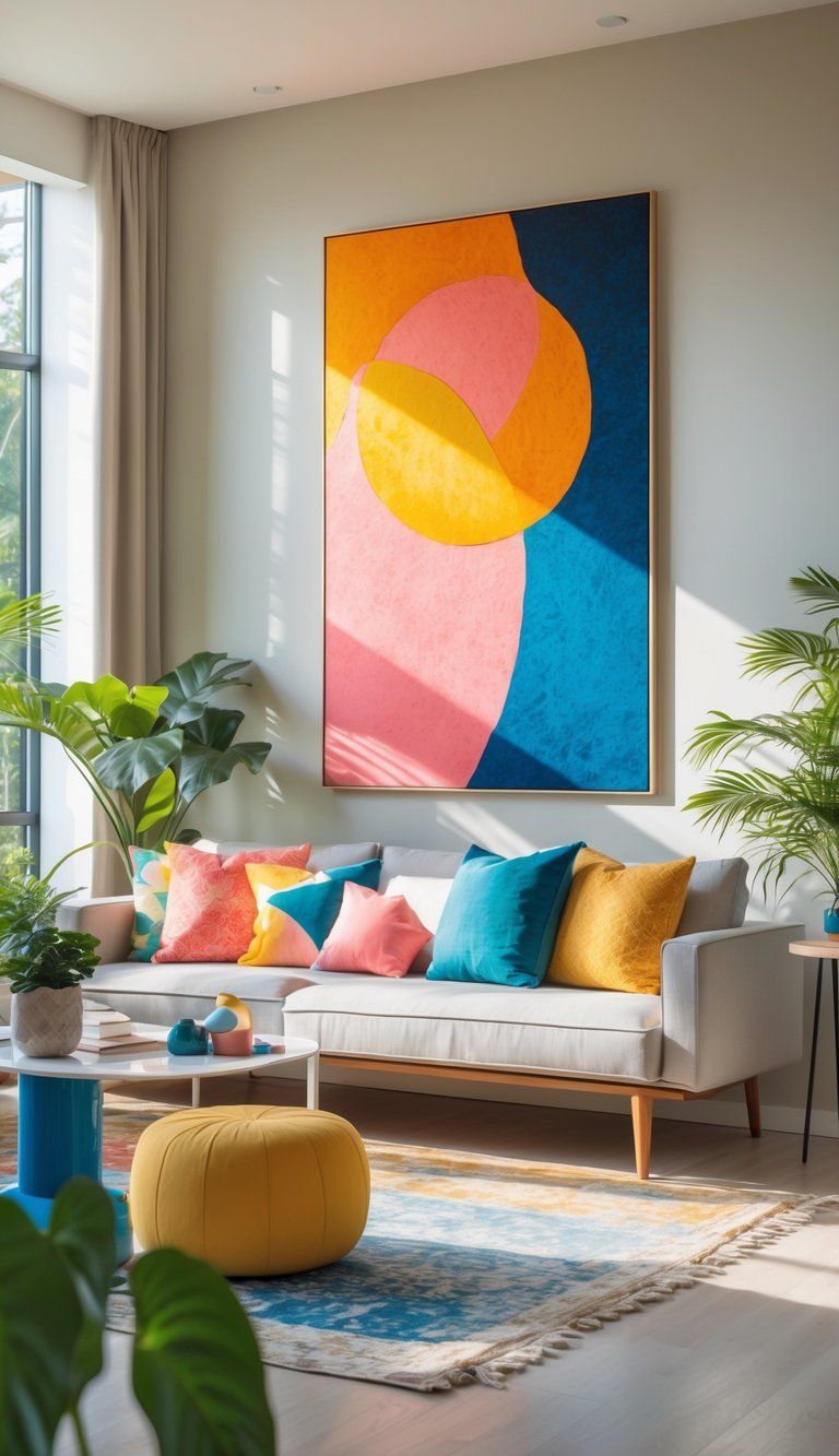 A modern living room with a colorful abstract painting above a sofa, coordinated with cushions and decor in matching colors.