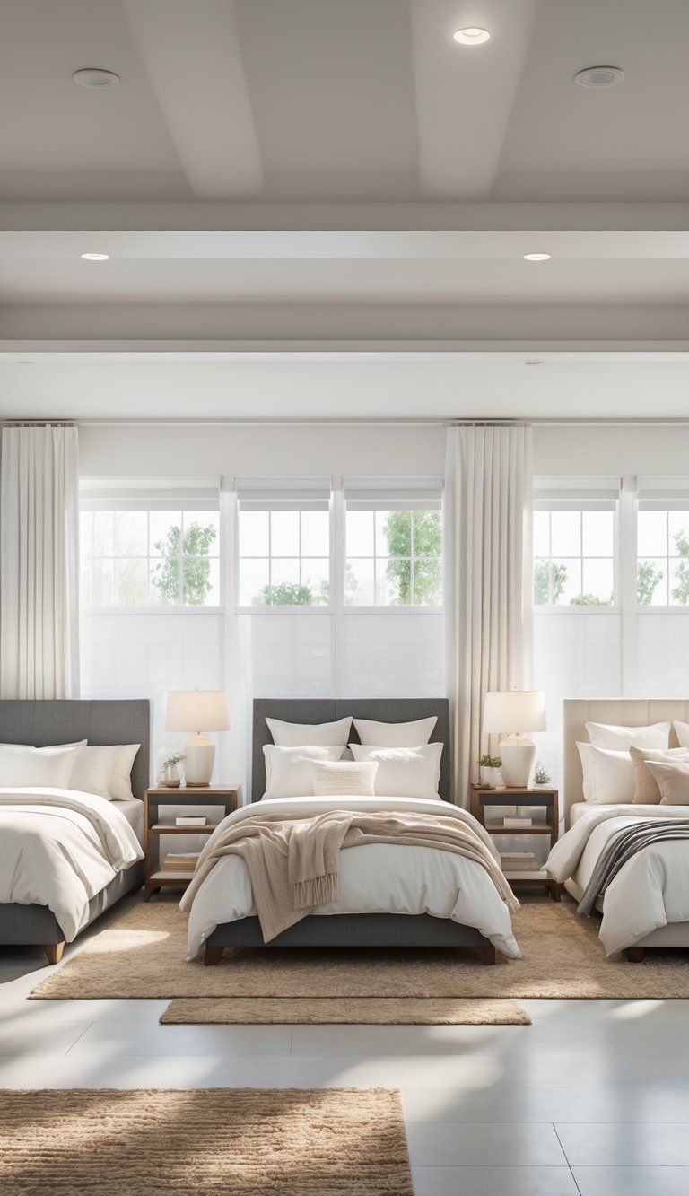 Three bedrooms side by side, each featuring a different bed size—twin, queen, and king—with matching furniture and natural lighting.