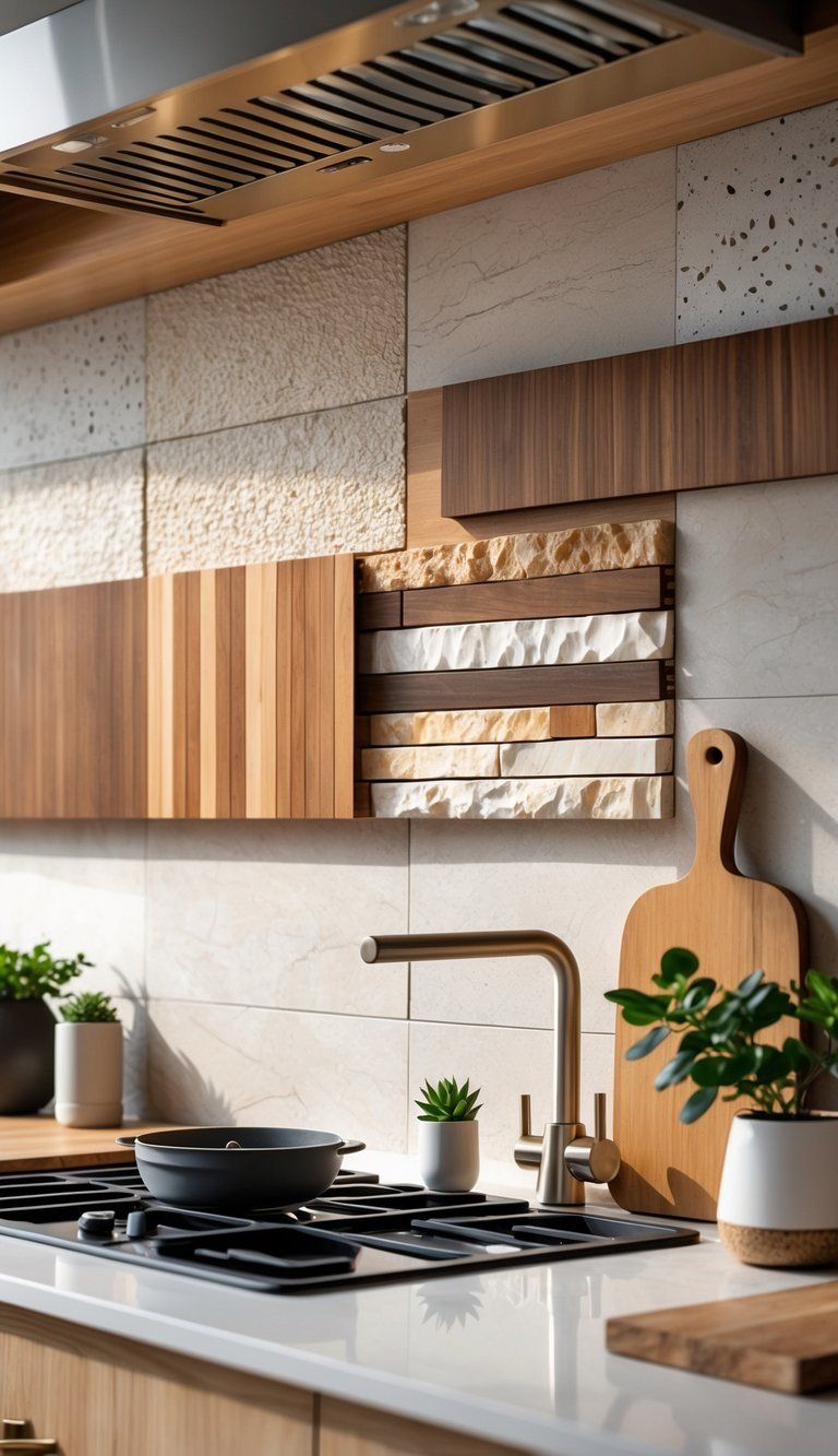 Close-up of a kitchen backsplash made from natural stone, wood, and marble materials behind a countertop with kitchen accessories.