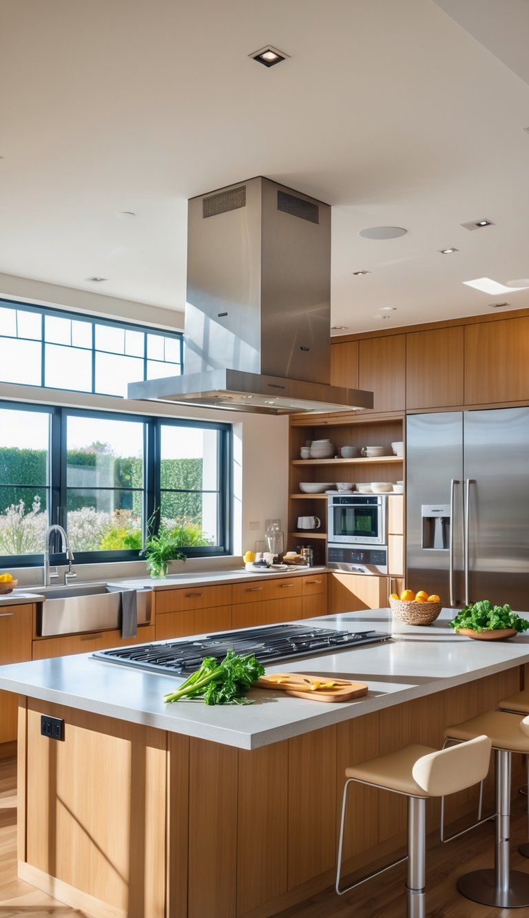 A modern kitchen with a large island and peninsula, featuring cooking appliances, seating, and natural light.