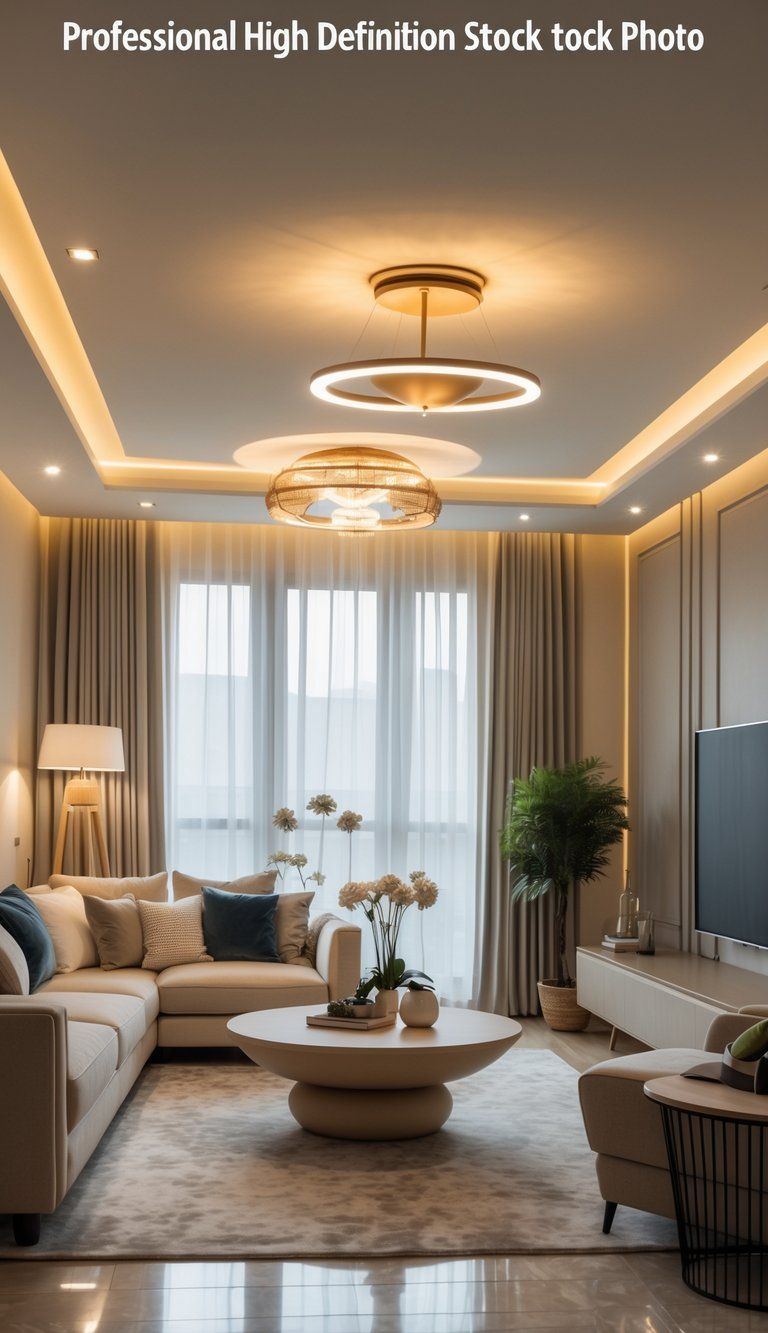A modern living room with various lighting fixtures providing warm, balanced light that enhances the space.