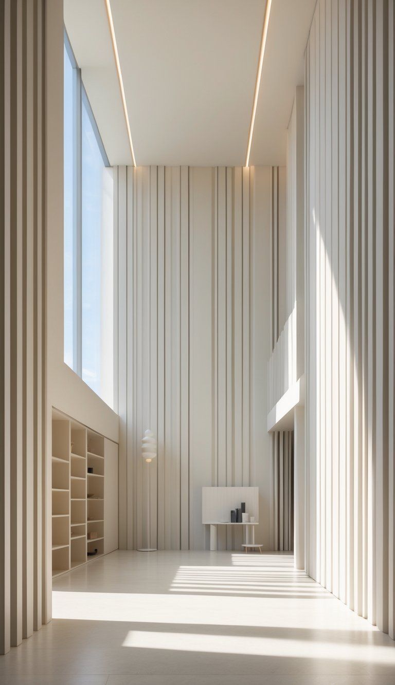 A bright room with low ceilings featuring vertical striped walls, tall narrow windows, and tall furniture that make the space feel taller.
