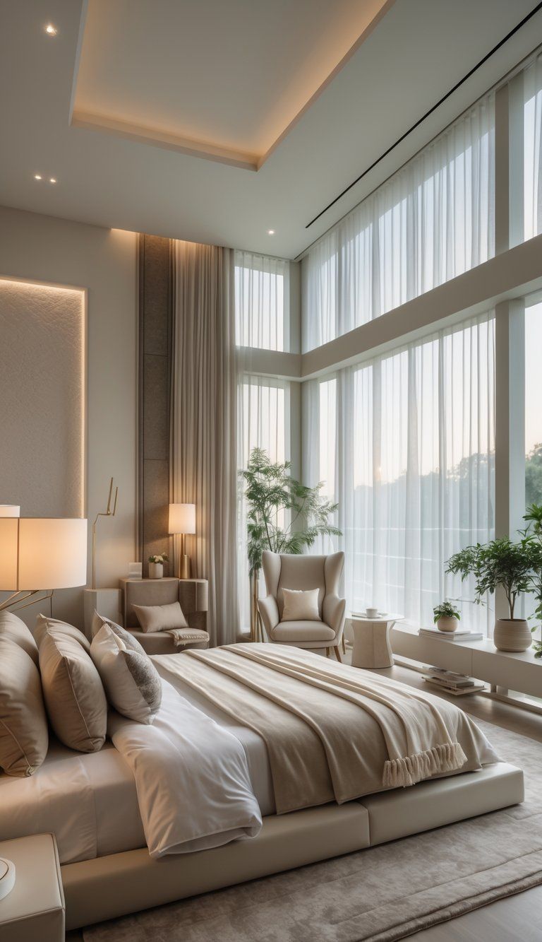 A bright and peaceful master bedroom with a large bed, nightstands, a seating area, and natural light coming through the windows.