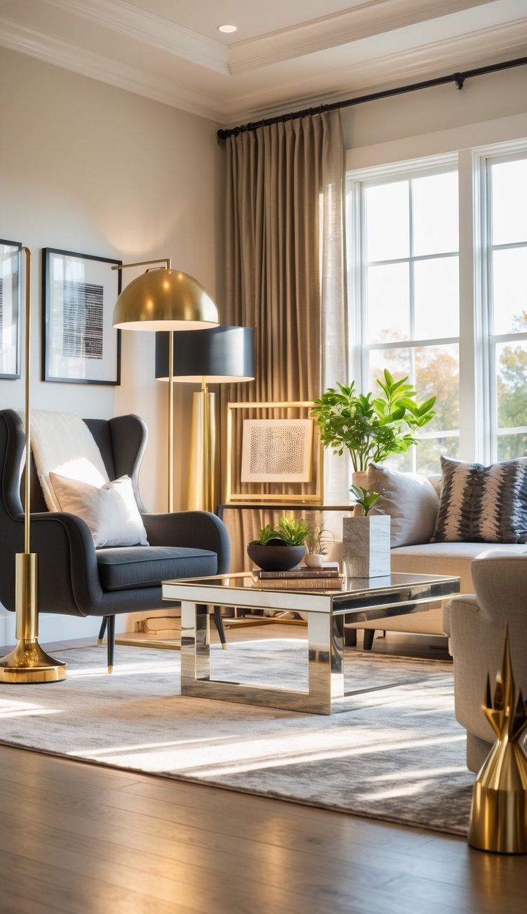 A living room with various metal finishes including brass, chrome, brushed nickel, and black metal accents arranged harmoniously among furniture and decor.