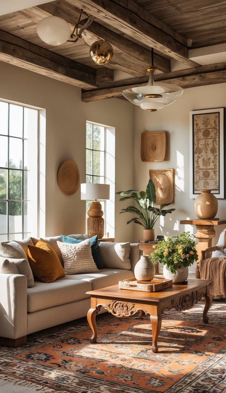 A living room with a sofa, coffee table, patterned rug, and decorative objects arranged in a bright, inviting space.