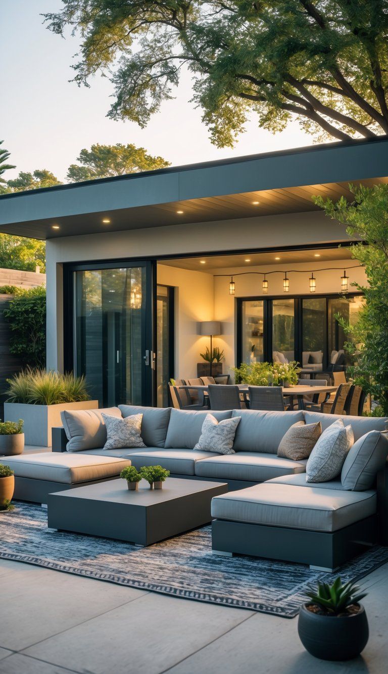 An outdoor living room with comfortable seating, a coffee table, plants, and large glass doors connecting to the interior of a modern home.