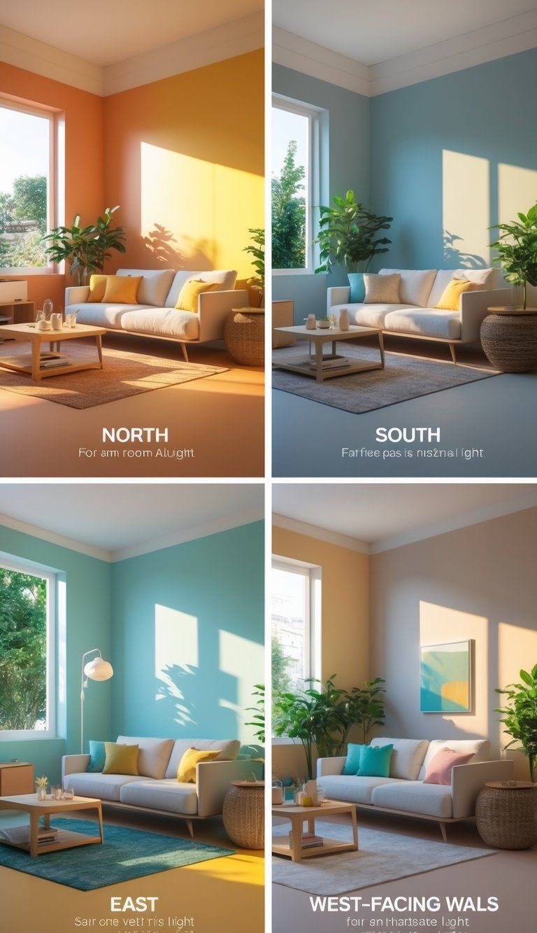 A modern living room with four walls painted in different colors representing north, south, east, and west-facing rooms, showing how natural light affects each paint color.