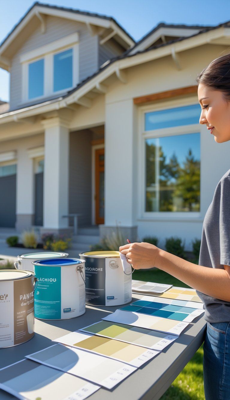A person comparing exterior paint samples and cans outside a modern house to choose colors that enhance curb appeal.