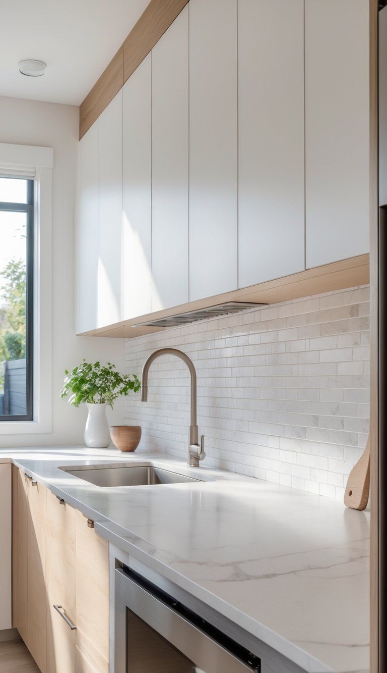 A modern kitchen with a clean, classic backsplash made of white tiles behind the countertop and cabinets.