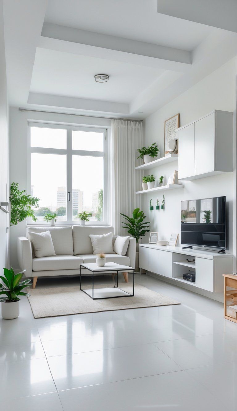 A small living room with light walls, large windows, minimalist furniture, plants, and organized storage creating a spacious and uncluttered look.