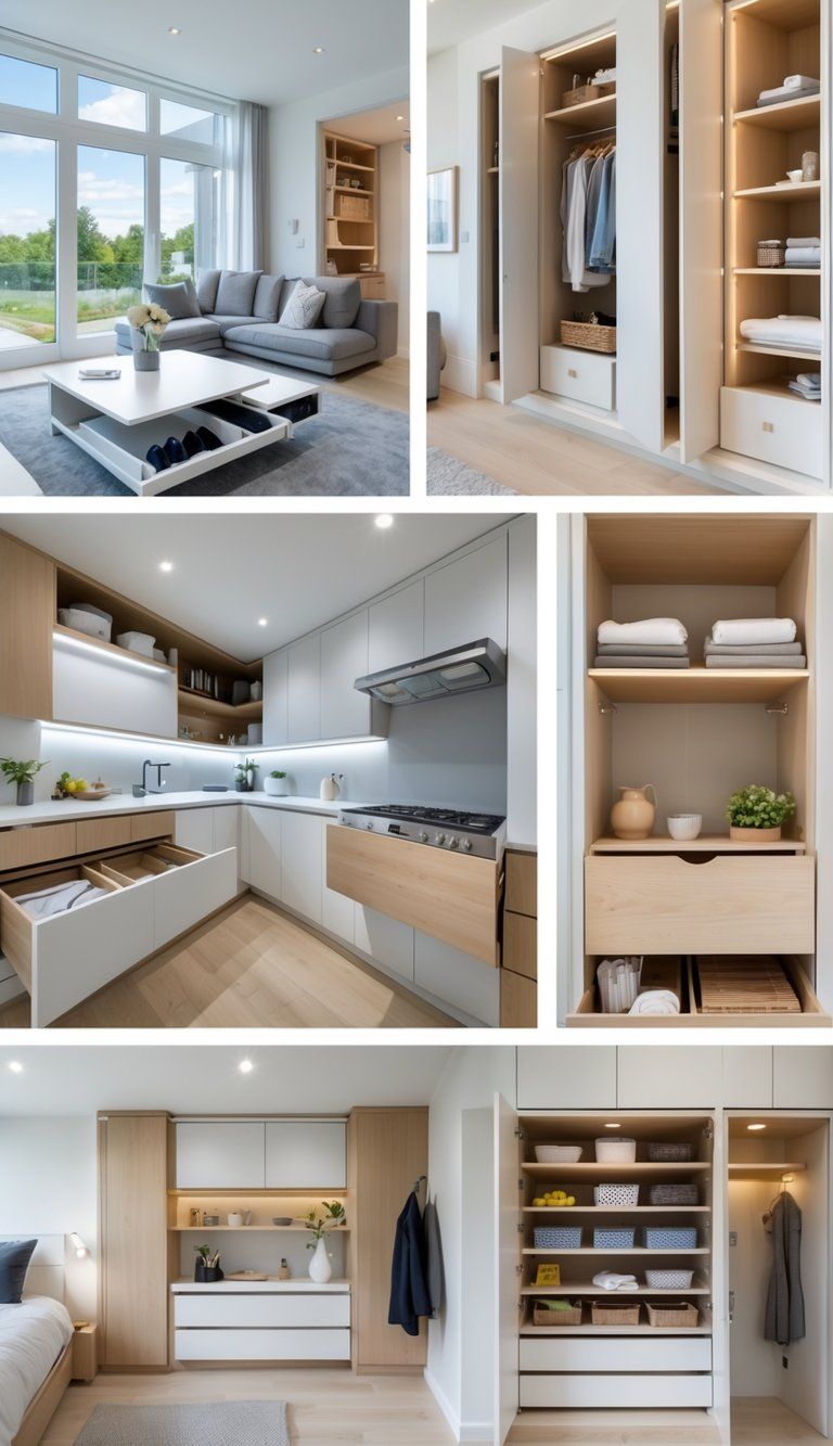A modern home interior showing hidden storage solutions in the living room, kitchen, bedroom, and bathroom with organized compartments and drawers open.