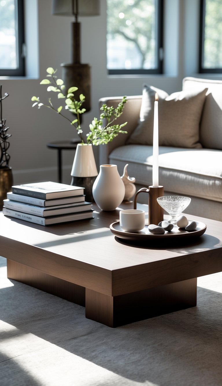 A coffee table arranged with books, a vase with greenery, a candle holder, coffee cups, and a glass bowl in a living room.