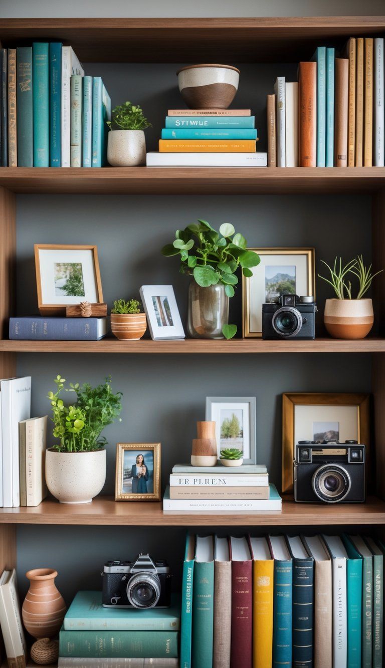 A neatly arranged bookshelf with books, plants, framed photos, and decorative objects layered for visual interest.